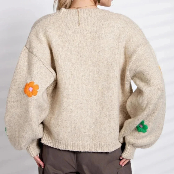 New! Easel Flower Floral Embroidered Knitted Khaki Cardigan - Picture 6 of 8